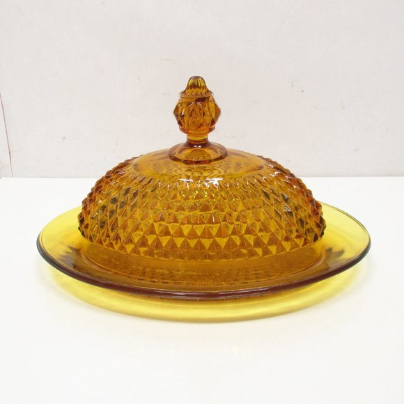 Vintage Indiana Amber Glass Diamond Point Covered Oval Butter Dish - Picture 2 of 8